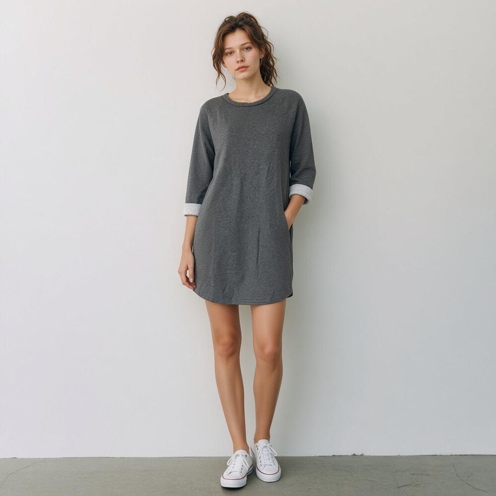 Cherish French Terry 3/4 Sleeve Mini Dress Charcoal Gray Tunic Size Small Cozy